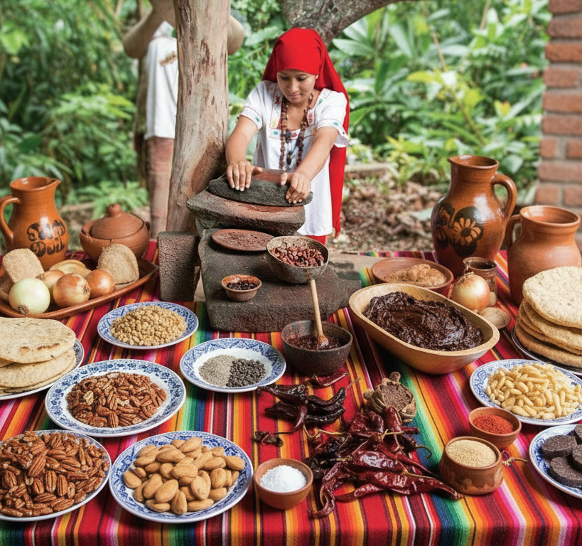 Señora moliendo ingredientes para mole en un metate